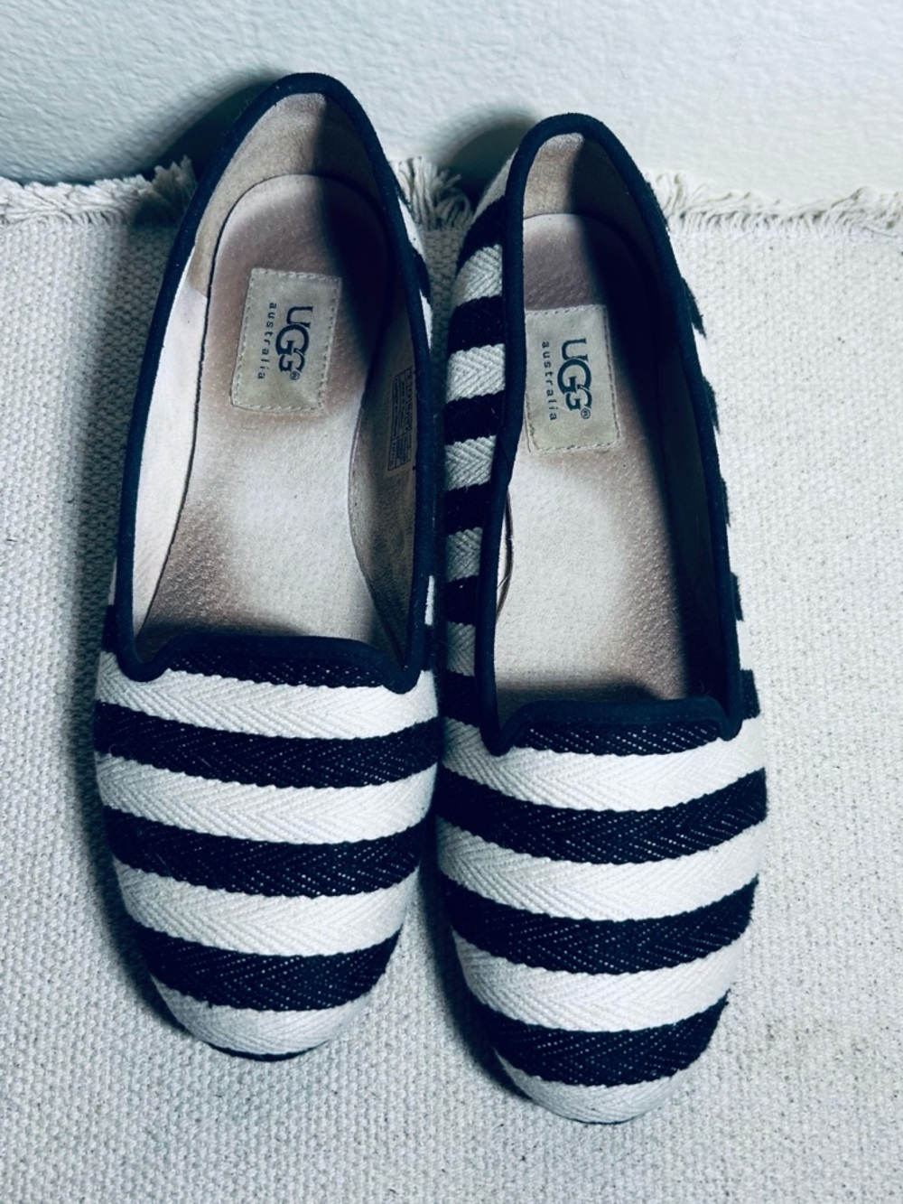 UGG Alloway Back+ White Striped Woven Canvas Ballet Flats Loafers